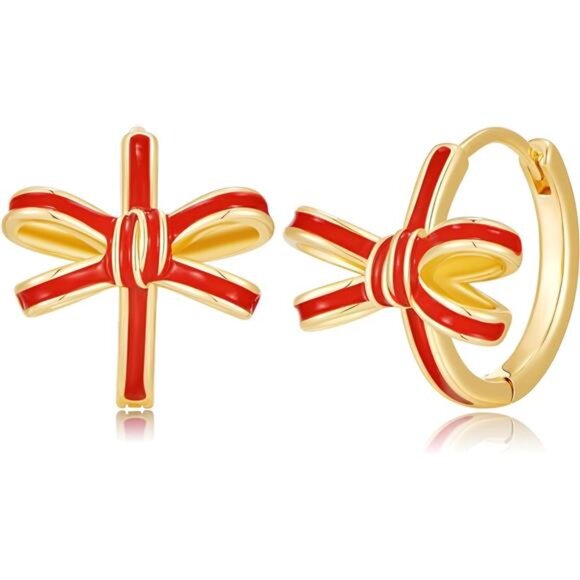 Lovely Bow Hoop Earrings – Red Accent Huggie Hoops, Cute Lightweight Jewelry - Picture 1 of 5
